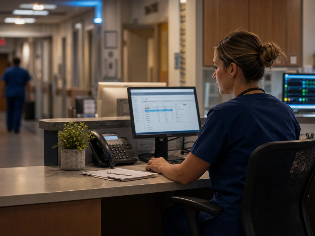 Clinician coordinating telemedicine coverage at a regional hospital workstation